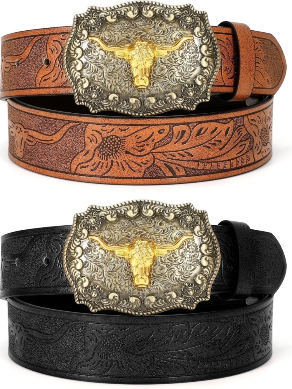 2 Pack Western Cowboy Belts for Men & Women - Floral Engraved PU Leather with
